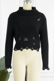 Black Casual Solid Tassel Patchwork Asymmetrical Turtleneck Tops