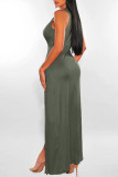 Grüne sexy feste Patchwork-Schlitz-V-Ausschnitt-lange Kleid-Kleider