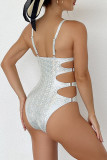 Silver Sexy Solid Hollowed Out Patchwork Swimwears