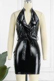 ブラック セクシー ソリッド パッチワーク バックレス ホルター ワンステップ スカート ドレス