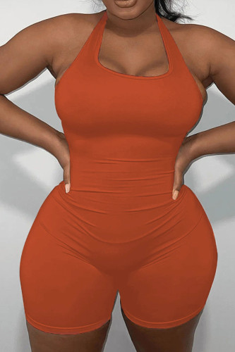 Tangerine Red Casual Sportswear Solid Patchwork Halter Plus Size Jumpsuits