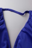 Blauwe sexy effen patchwork backless V-hals onregelmatige jurkjurken