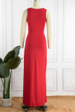 Rote sexy feste Patchwork-Schlitz-V-Ausschnitt-lange Kleid-Kleider