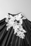 Zwarte elegante effen patchwork appliques coltrui rechte jurken