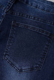 Tibetisch Blau Casual Street Solid Quaste Patchwork Denim Jeans mit hoher Taille