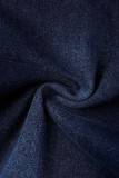 Jeans in denim a vita alta con patchwork in nappa tinta unita casual blu tibetano