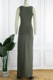 Green Sexy Solid Patchwork Slit V Neck Long Dress Dresses