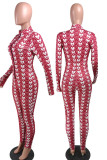 Crèmewit casual print patchwork skinny jumpsuits met ritssluiting