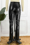 Pantalones de color sólido de cintura alta de patchwork de vendaje sólido de calle negro
