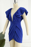 Blaue, sexy, feste, rückenfreie Patchwork-Kleider mit V-Ausschnitt und unregelmäßigen Kleidern