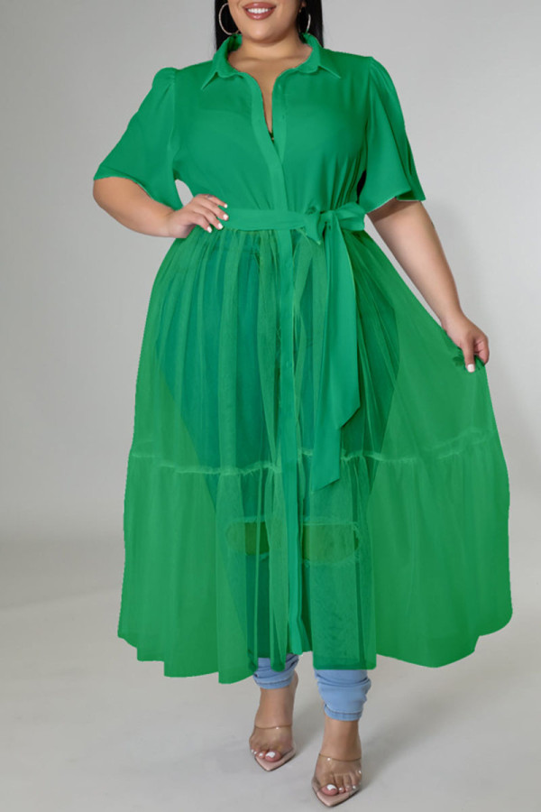 Зеленые повседневные однотонные лоскутные платья с отложным воротником и пряжкой больших размеров