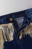 Jeans jeans cintura alta azul tibetano casual street sólido patchwork com borla