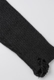 Black Casual Solid Tassel Patchwork Asymmetrical Turtleneck Tops