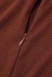 Macacão skinny casual sólido patchwork marrom com decote em O manga comprida
