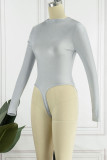 Silver Sexig Solid Patchwork Dragkedja Dragkedja Skinny Bodysuits