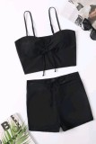 Svarta sexiga Solid Frenulum rygglösa badkläder (med vadderingar)