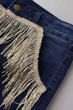 Tibetan Blue Casual Street Solid Patchwork High Waist Tassel Denim Jeans
