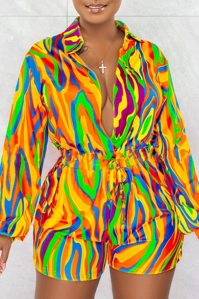 

Yellow Fashion Casual Print Patchwork Turndown Collar Regular Romper