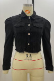 Abrigo negro casual sólido rasgado hacer viejo patchwork hebilla cuello vuelto más tamaño abrigo