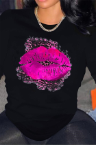 Zwarte Street Lips bedrukte patchwork O-hals tops