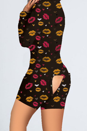 Dark Brown Casual Print Patchwork Buttons V Neck Skinny Rompers