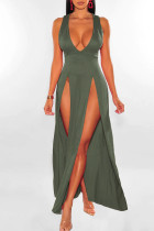 Vert Sexy Solide Patchwork Fente V Cou Robe Longue Robes
