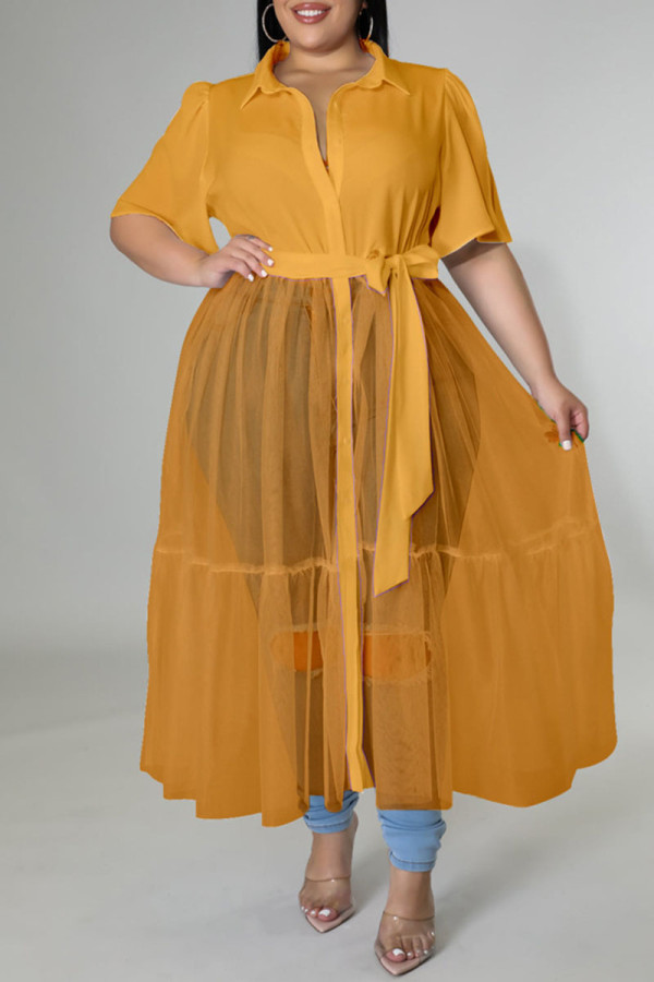 Желтые повседневные однотонные лоскутные платья с отложным воротником и пряжкой больших размеров