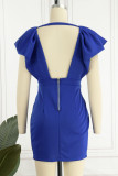 Blå Sexig Solid Patchwork Rygglös V-hals oregelbunden klänning