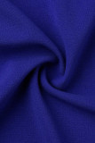 Синие повседневные однотонные лоскутные платья с круглым вырезом и длинными рукавами