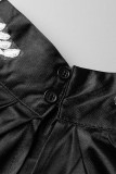 Zwarte elegante effen patchwork appliques coltrui rechte jurken