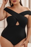 Schwarze sexy solide ausgehöhlte Patchwork-rückenfreier V-Ausschnitt Plus-Size-Badebekleidung (mit Polsterungen)