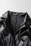 黒のセクシーな無地中空アウト パッチワーク ターン バック カラー ワン ステップ スカート ドレス
