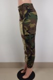 Kaffee Lässige Patchwork-Hose mit hoher Taille und Camouflage-Print