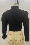 Abrigo negro casual sólido rasgado hacer viejo patchwork hebilla cuello vuelto más tamaño abrigo