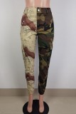 Coffee Casual Camouflage Print Patchwork Regular High Waist Trousers