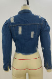 Abrigo azul profundo casual sólido rasgado hacer viejo patchwork hebilla cuello vuelto más tamaño abrigo