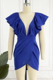 Blå Sexig Solid Patchwork Rygglös V-hals oregelbunden klänning