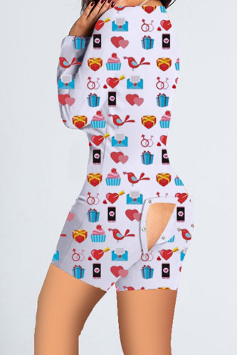 Red Blue Casual Print Patchwork Buttons V Neck Skinny Rompers