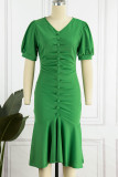 Vestidos de sirena de trompeta con cuello en V de patchwork sólido casual verde