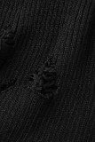 Black Casual Solid Tassel Patchwork Asymmetrical Turtleneck Tops