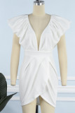 Witte sexy effen patchwork backless v-hals onregelmatige jurk jurken