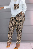 Black Gray Fashion Casual Print Patchwork O Neck Long Sleeve Two Pieces