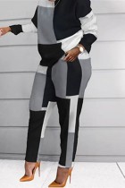 Negro gris moda casual estampado patchwork cuello redondo manga larga dos piezas