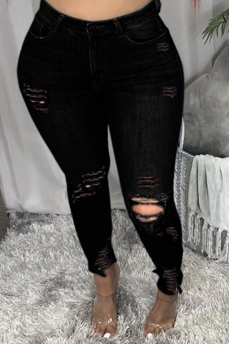 

Black Fashion Casual Solid Ripped Plus Size Jeans