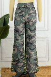 Pantaloni patchwork dritti a vita alta con stampa mimetica con stampa casual verde