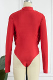 Red Sexy Solid Hollowed Out Patchwork Fold Half A Turtleneck Regular Bodysuits