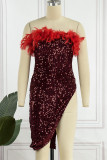 Bourgondische sexy stevige patchwork veren spleet strapless onregelmatige jurk jurken
