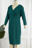 Grüne, elegante, solide Patchwork-Falten-Bleistiftrock-Kleider mit V-Ausschnitt