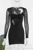 Vestidos de falda lápiz de cuello cuadrado transparente de patchwork sólido sexy negro