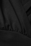 Zwarte elegante effen patchwork gevouwen V-hals kokerrokjurken